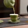 Nueva taza de té de cerámica verde rociada con oro estilo chino con asa, taza de té Kung Fu vintage, juego de té para el hogar, taza individual