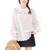 Coleção Primavera 2026: Camisa Floral Bordada Estilo Artístico para Mulheres com Borda Franzida Gola Boneca Top Casual