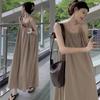 (con pantalones de bolsillo con solapa) Vestido de tirantes Bosque para la Pausa del Té de Verano Hada Platycodon Vacaciones en la Costa Playa Casual Vestido Largo