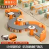Estante de biblioteca escolar sofá combinação curva criativa modelo, estante de leitura de formato único área de armazenamento área de descanso banco longo