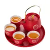 Set de Té Gongfu Rojo Chino para Boda Tazas con Boca Modificada para Ceremonia de Té Bandeja de Té de Cerámica Nuevo Regalo de Boda para Mejor Amigo Souvenir
