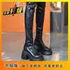 2025 Novas Botas Longas de Bico Redondo e Sola Grossa para Mulheres, Botas Elásticas, Visual Versátil e Emagrecedor, Botas de Cavaleiro para Pessoas Baixas, Botas Finas Acima do Joelho para Mulheres