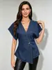 Camisa Jeans Estilo Europeu Assimétrica de Botão Único Cintura Marcada Emagrecedora para o Trabalho Manga Caída Gola V