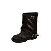 Botas Vaqueras Retro de Tacón Grueso Estilo Británico para Mujer Otoño Invierno Nuevas Botas Apiladas Plisadas Hebilla de Cuero Botas de Montar de Media Pantorrilla