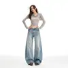 Jeans Rectos Lavados Azul Claro para Mujer, Tendencia de Invierno Nuevo Estilo, Pantalones Anchos Sueltos Alargadores