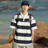 Verano Delgado De Moda Holgado Para Niños Seda de Hielo Contraste Camiseta Larga Rayas Camisa Polo Japonesa Manga Corta Hombre
