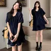 En stock, conjunto de verano para maternidad 2026 nuevo estilo coreano holgado talla grande conjunto de maternidad de mezclilla Tencel