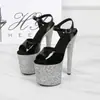 Tacones altos para pole dance de 20 cm, suela gruesa, tacones altos sexys, tacones ultrafinos para mujer, plataforma impermeable, sandalias de espejo con purpurina, moda