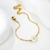 Pulsera de Flores Coreana y Japonesa Estilo Nuevo con Concha Blanca, Flor de Cerezo y Cadena Cruzada, Joyería Chapada en Oro de Acero Inoxidable para Mujer