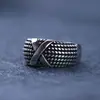Anillo abierto de plata de ley s925 con textura geométrica vintage, moderno y versátil, joyería de anillo de diseño único para mujer