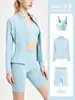 Conjunto de Tres Piezas Transfronterizo: Conjunto de Chaqueta Larga Ajustada con Cuello Alto + Shorts de Cintura Alta Levanta Glúteos + Top de Tirantes tipo Sujetador en Forma de U