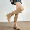 Botas de Mujer en Stock~Botas Largas Atmosféricas Otoño/Invierno Punta Fina Gamuza Arrugadas Hebilla Tacón Bajo Botas de Caballero Estilo Western