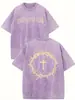 [Transfronterizo 230g] Camiseta Estampada de Algodón de Alta Calidad Lavada Retro con Patrón Fe sobre Miedo Camiseta para Hombre
