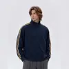 Moletom esportivo com zíper e três listras, tendência retrô americana, para homens e mulheres, jaqueta de cor sólida oversized com gola alta para casais