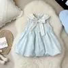 Vestido Listrado Azul com Gola Marinha Estilo Francês para Meninas 2026, com Gola de Boneca, Elegante Vestido Floral de Corte Justo