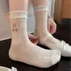 Calcetines Bordados de Oso de Dibujos Animados Lindos para Niñas, Calcetines Holgados Rosa y Azul, Calcetines Lisos Delgados con Borde de Encaje y Lazo para Primavera y Verano