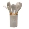 Juego de 12 Utensilios de Cocina de Silicona con Mango de Madera Set de Utensilios Antiadherentes Cubo de Almacenamiento Juego Diario de Cocina en Stock