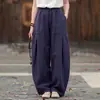 Calça de Linho de Algodão Retrô Cintura Alta Pantalona Feminina Verão Artística Cor Sólida Emagrecedora Algodão Linho Casual Solta Para o Trabalho Drapê Calça Longa