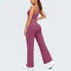 Conjunto deportivo de yoga para mujer, top sin mangas de color block con cuello en U de tela cepillada estilo europeo y americano, pantalones de yoga ajustados, pantalones de pierna ancha acampanados de cintura alta