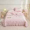 Colcha de Gaze Bolha Estilo Coreano Colcha de Verão Conjunto de Quatro Peças Lençol de Renda Feminino Uso Doméstico Colcha de Verão Colcha de Ar Condicionado Roupa de Cama