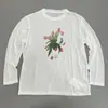 Camiseta Fina Lyocell Tencel Estampada Floral Manga Longa Primavera Verão para Mulheres Gola Redonda Solta Proteção Solar Cobertura Top Branco