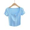 Camiseta ajustada de manga corta con cuello redondo, color puro y moderno, estilo europeo y americano, para mujer, estilo sexy de celebridades de Internet.