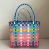 Bolsa de Palha Tecida à Mão em PP Color Block, Bolsa Tote Cesta Quadrada, Bolsa Casual de Férias para Praia para Mulheres