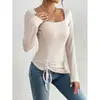 Camiseta Feminina Casual Amazon Europeia e Americana Outono e Inverno, Manga Longa, Barra com Cordão, Corte Slim