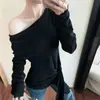 Top de Hombro Único con Tirantes Estilo Francés Ceñido a la Cintura para Mujer Otoño/Invierno de Punto con Mangas Largas Hermoso Chic Negro