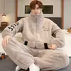Conjunto de pijama masculino para outono e inverno, espesso, quente, com gola alta, corte solto, plus size, com zíper, adequado para usar como roupa externa