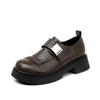 Mocasines de Cuero Grueso sin Cordones, Zapatos Pequeños de Cuero Estilo Británico con Punta Redonda para Mujer, Mocasines de Cuero Genuino, Marrón Retro para el Trabajo