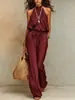 2026 Nuevo Mono Bohemio de Estilo Europeo y Americano con Cuello Halter para Mujer, Algodón y Nailon, Cintura de Corbata, Pierna Ancha, Vacaciones, Sin Mangas, Pantalón Largo