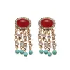 Aretes de Borla de Piedra Ovalada de Resina Tachonada con Agujas Plateadas, Diseño Vintage, Aretes de Nicho