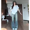 Jeans retos flare lavado estilo retrô americano para mulheres, novo estilo de verão, cintura alta, soltos, calças de perna larga estreita, calças compridas até o chão