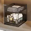 Mueble para lavabo de baño con estantes de almacenamiento, organizador extraíble para debajo del lavabo y almacenamiento en capas para artículos de tocador y desagües.