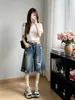 Shorts de mezclilla retro de cintura alta holgados para mujer, nuevos shorts de verano 2026 finos con rotos a la altura de la rodilla, pantalones rectos para mujeres petite