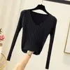 Suéter de Punto Acanalado Ajustado de Otoño/Invierno Nuevo para Mujer, Top Base de Punto Ajustado de Color Sólido con Mangas Largas