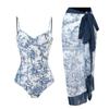 Traje de baño de una pieza para mujer, nuevo estilo europeo y americano 2025, conservador, adelgazante, estampado retro, con varillas, falda larga, para baño en aguas termales