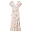 Comercio exterior al por mayor Ropa de mujer estilo europeo y americano, elegante y a la moda, con escote en V, estampado floral patchwork, manga corta, vestido largo de cola de pez