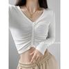 Nova Camiseta de Manga Longa com Design Plissado para Mulheres, Primavera e Outono 2026, Top Cropped Slim Fit Tendência