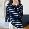 Top de Malha Gola Redonda Manga Longa Bloco de Cores Listrado Soltinho 100% Algodão Novo Primavera/Verão 2026 para Mulheres