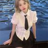 Camisa de Manga Corta de Cintura Alta Estilo Francés Verano Chica Caliente Manga Burbuja Dulce Picante Ajustada a la Cintura Top Negro Vestido Tutú de Princesa Set