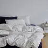 Estilo Minimalista Japonés Algodón Lavado Teñido en Hilo Blanco Rayado Juego de Cuatro Piezas Nórdico Neutro Sábana Bajera Sábana Encimera Juego de Ropa de Cama para Hombre