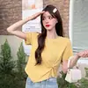 Camiseta Irregular de Algodão de Manga Curta para Mulheres, Novo Estilo de Verão 2026, Design Estiloso, Top Cropped, Mostrando a Cintura, Peça de Roupa Externa para Mulheres
