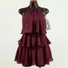 Vestido Curto de Verão com Gola Halter Ombro a Ombro Camadas de Babados Estilo Desejo Puro para Mulheres Vestido para Encontro de Verão Férias