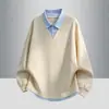 Sudadera de retazos para hombre de otoño, conjunto de dos piezas simulado, jersey retro americano de manga larga, chaqueta superior holgada de moda