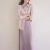 SS STUDIO patrón vertical púrpura en tono gris cintura alta sobre la rodilla micro A cintura trasera elástica falda suave y elegante mujer