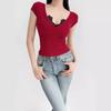 Deseo Puro Chica Caliente Sexy Encaje Cuello en V Manga Corta Camiseta para Mujer 2024 Verano Nuevo Ajuste Slim Top Adelgazante Corto