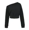 Moletom com Gola Assimétrica Off-the-Shoulder de Manga Longa em Tricô Waffle Estilo Europeu 2026 Início do Outono Solto Casual Cropped com Cintura Elástica Camiseta