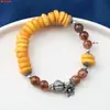 Pulsera de Plata de Ley con Cuentas de la Fortuna Estilo Antiguo, Cuentas Cilíndricas, Ámbar de Abeja, Ámbar Florido, Pulsera Retro Estilo Étnico Antiguo Hecho a Mano